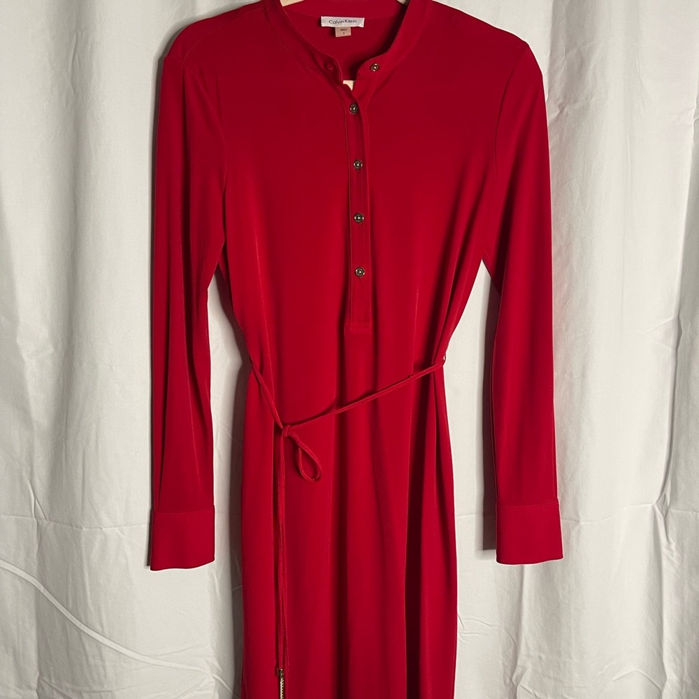 Calvin Klein Red Sheath Dress with Mandarin Collar